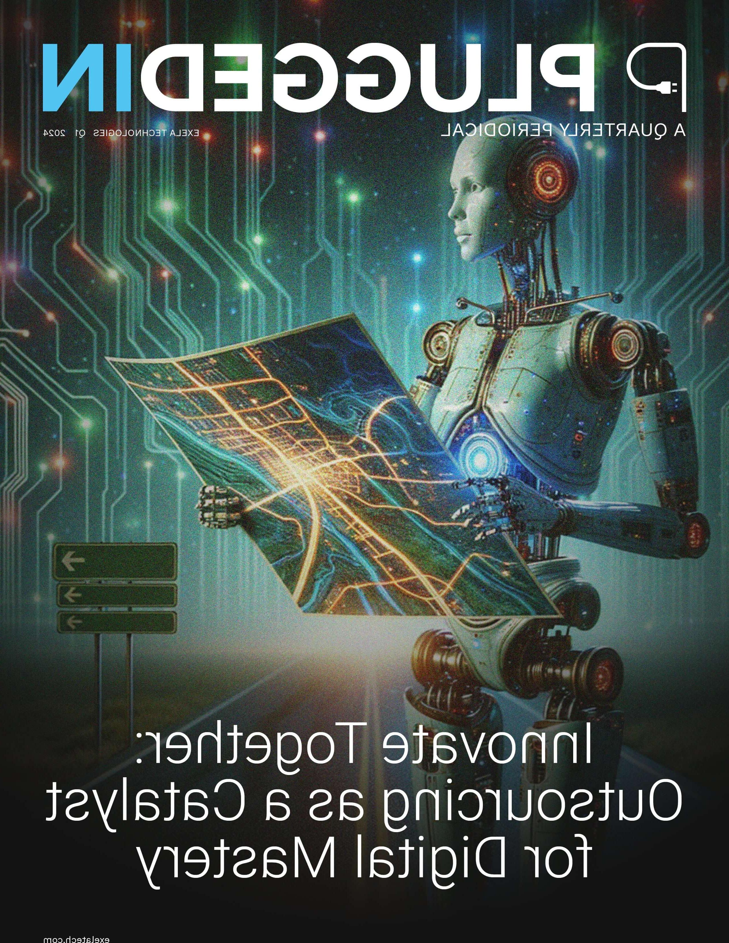 The image displays the cover of "PLUGGED IN," a 2024 quarterly periodical by Exela Technologies. It features a robotic figure holding a glowing digital blueprint, with a circuit board backdrop transitioning into outer space. The cover headline states "Innovate Together: Outsourcing as a Catalyst for Digital Mastery," and the website "semadanisik.com" is listed at the bottom.